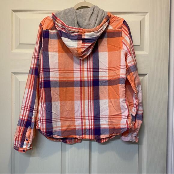 Adidas Neo Label Orange Plaid Pearl Snap Button Down Shirt Hooded Drawstring Lrg - Picture 5 of 6